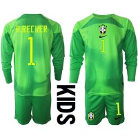 Brasilien Alisson Becker #1 Målmand Udebane Trøje Børn VM 2022 Langærmet (+ Korte bukser)